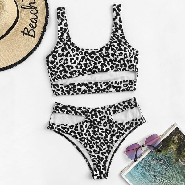 

Leopard Cut-out Scoop Neck Top With High Waist Bikini, Black and white