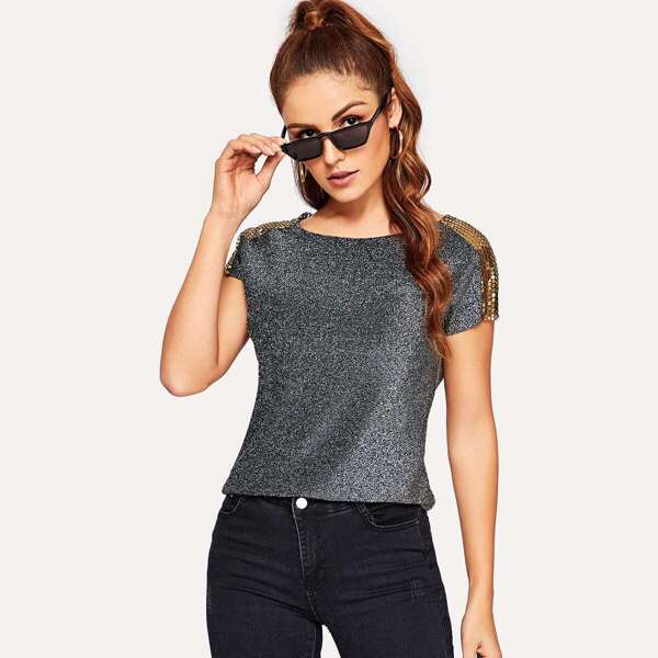

Contrast Sequin Glitter Tee, Grey