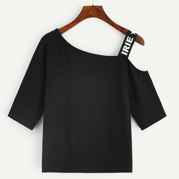 

Letter Tape Asymmetrical Neck Tee, Black