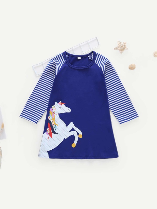 

Toddler Girls Striped Raglan Sleeve Horse Print Dress, Blue