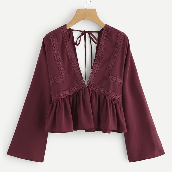 

Double V Tie Back Guipure Lace Peplum Top, Burgundy