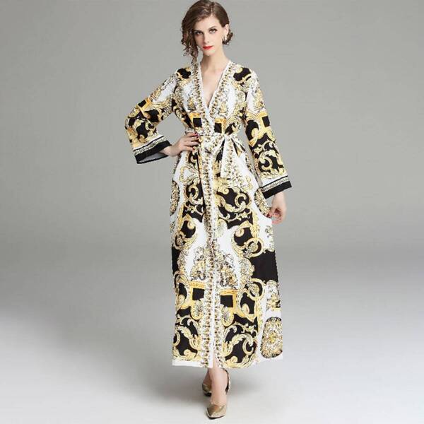 

Scarf Print Waist Tie Longline Abaya, White