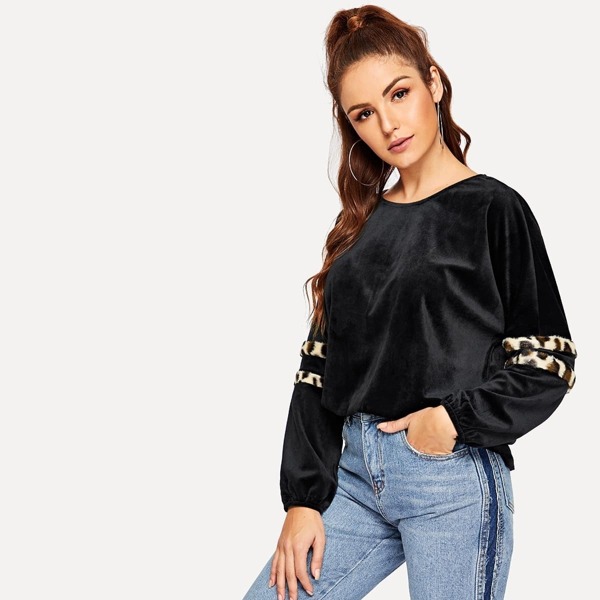 

Leopard Faux Fur Detail Knot Back Velvet Pullover, Black