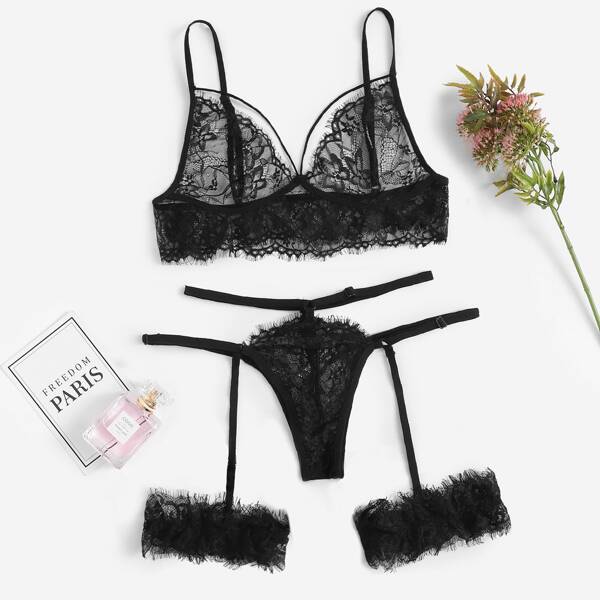 

Eyelash Floral Lace Garter Lingerie Set, Black