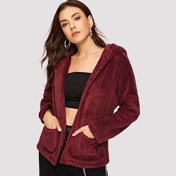 

Drop Shoulder Pocket Front Hooded Teddy Coat