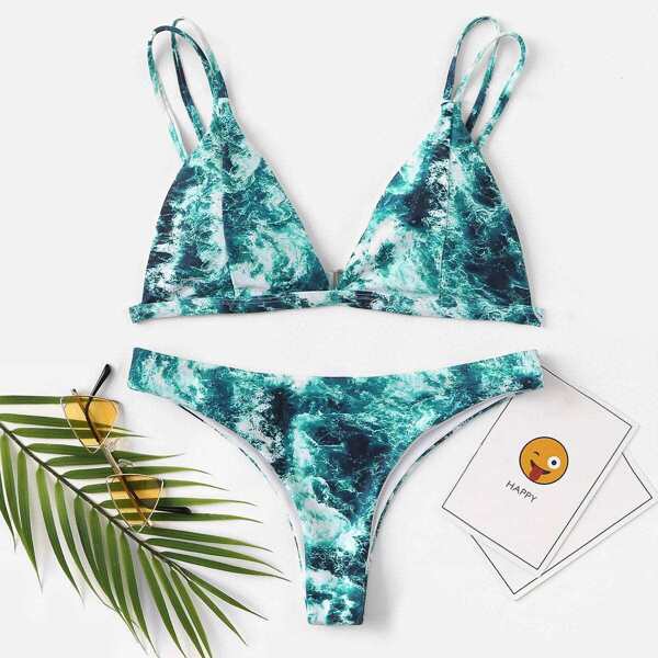 

Random Wave Double Strappy Bikini Set, Multicolor