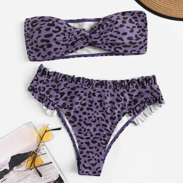 

Leopard Twist Bandeau Top With Frilled Bikini Set