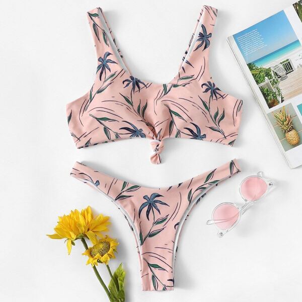 

Random Botanical Knot Top With High Leg Bikini Set