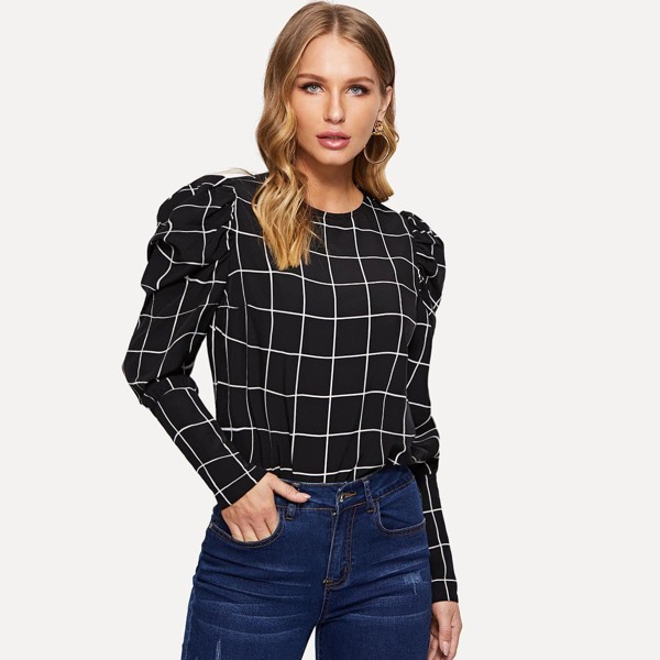 

Puff Sleeve Grid Pullover