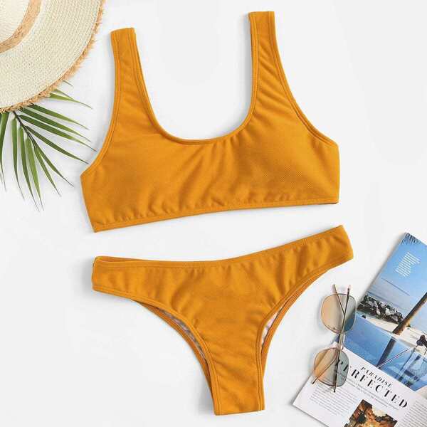 

Scoop Neck Textured Top With Seam Trim Bikini Set