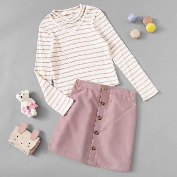 

Girls Choker Neck Striped Tee and Buttoned Skirt Set
