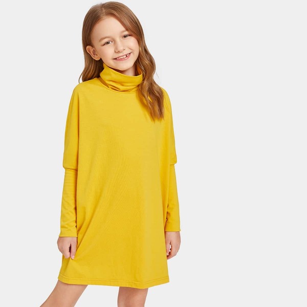 

Girls Rolled Neck Batwing Sleeve Solid Dress