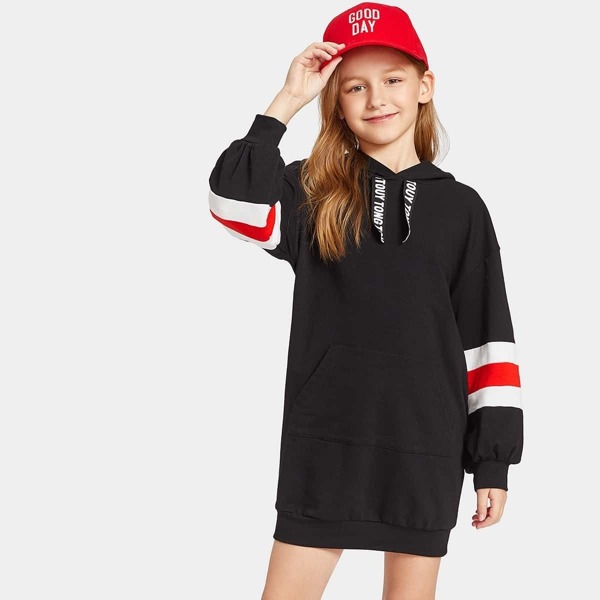 

Girls Pocket Patched Cut-and-sew Sleeve Hooded Dress