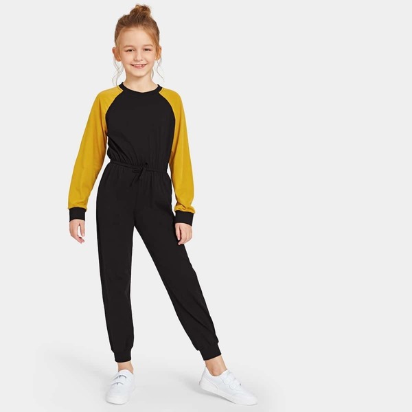 

Girls Tied Waist Color-block Raglan Sleeve Jumpsuit, Black