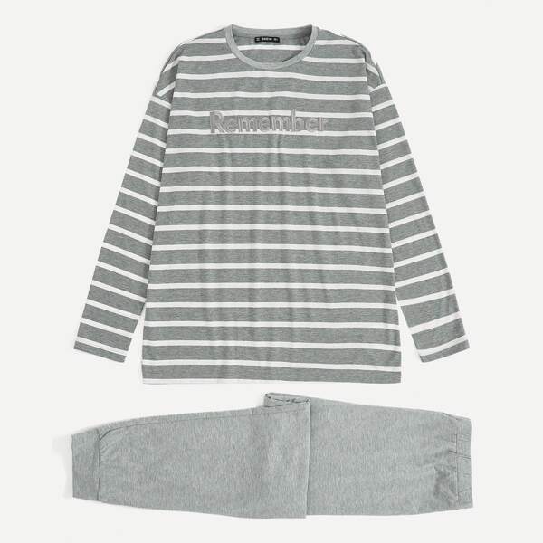 

Men Letter Embroidered Striped Tee & Pants PJ Set
