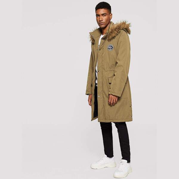 

Men Flap Pocket Patched Detail Faux Fur Hooded Coat, Khaki
