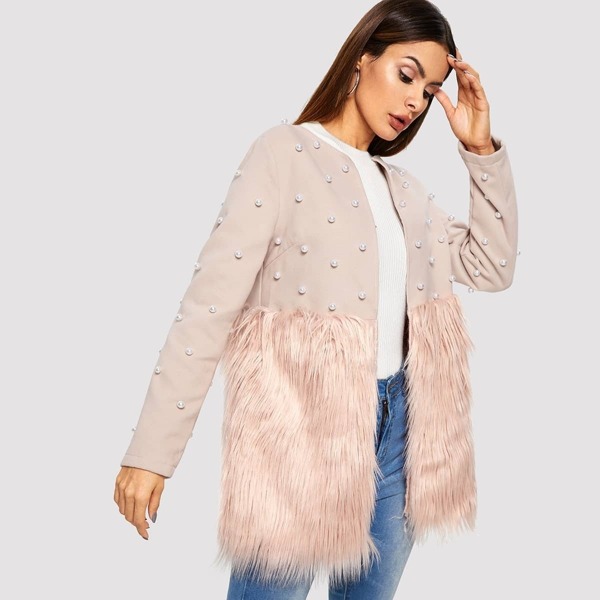 

Pearl Embellished Faux Fur Coat