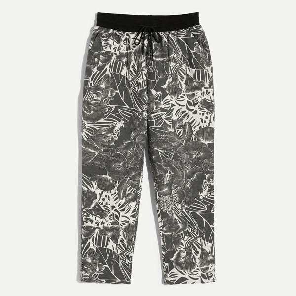 

Men Contrast Drawstring Waist Tropical Sweatpants, Black and white