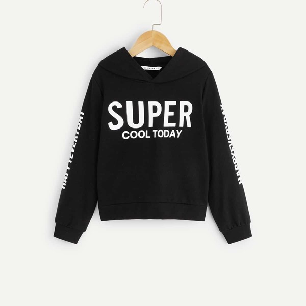 

Girls Letter Print Hoodie, Black