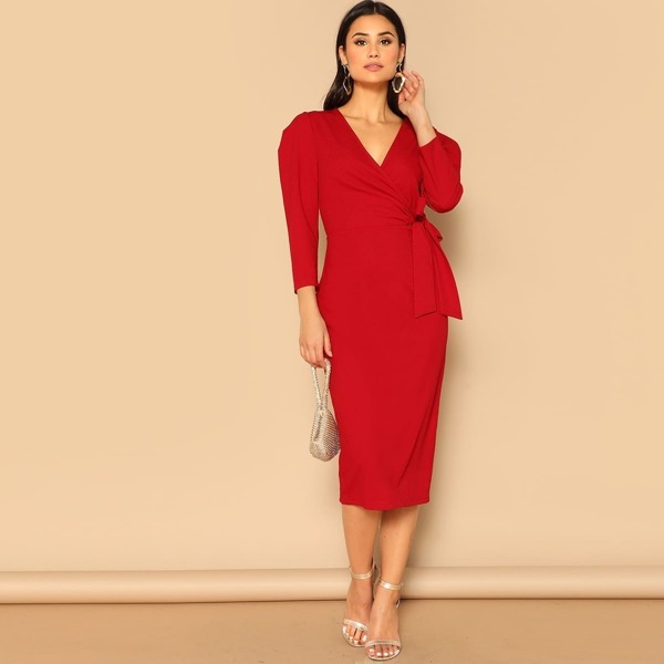 

Surplice Wrap Knot Puff Sleeve Dress, Burgundy