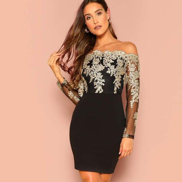 

Embroidered Mesh Bodice Off Shoulder Dress