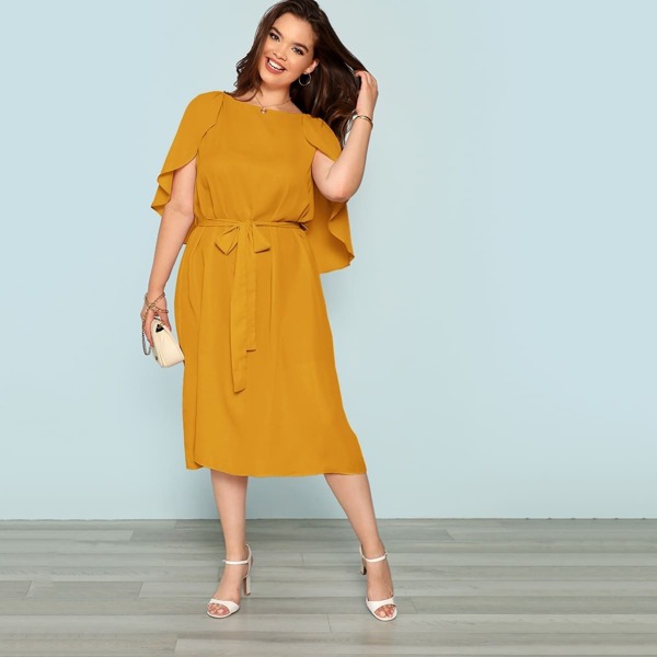 

Plus Cape Sleeve Belted Dress, Yellow