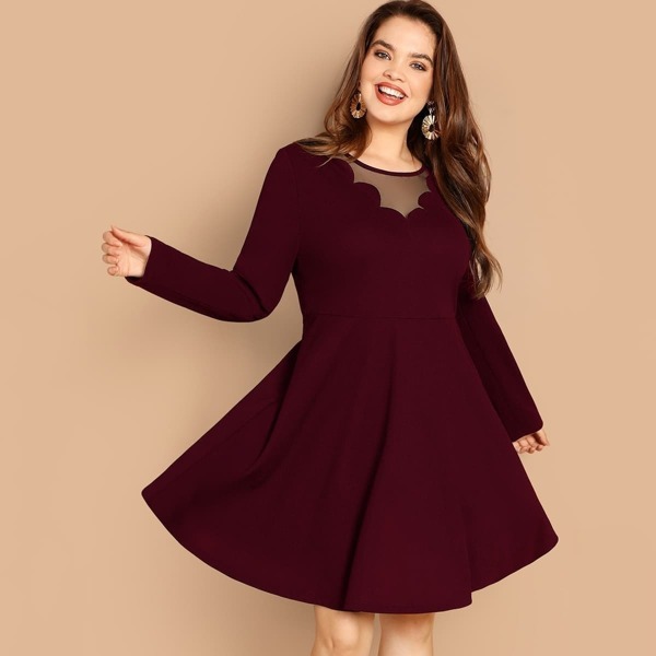 

Plus Mesh Insert Scallop Trim Fit & Flare Dress
