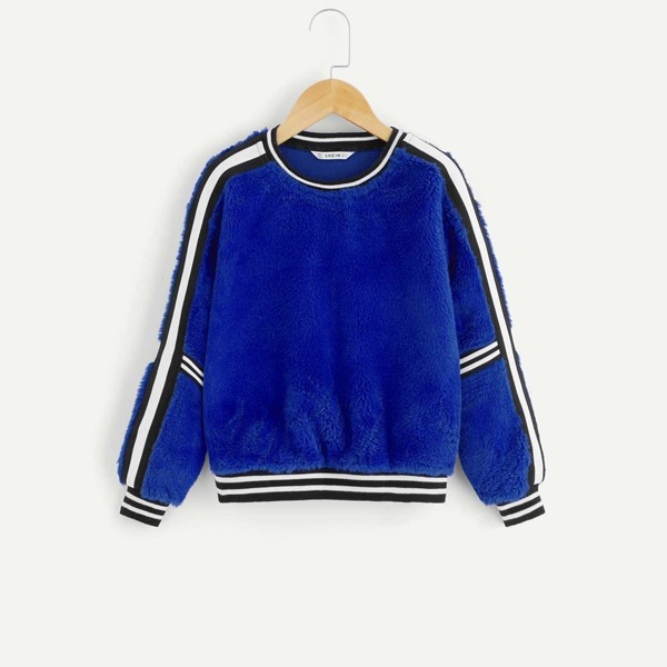 

Girls Striped Trim Teddy Pullover, Navy