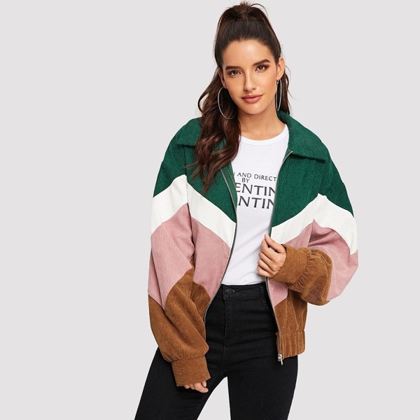 

Zip Up Color-block Corduroy Jacket