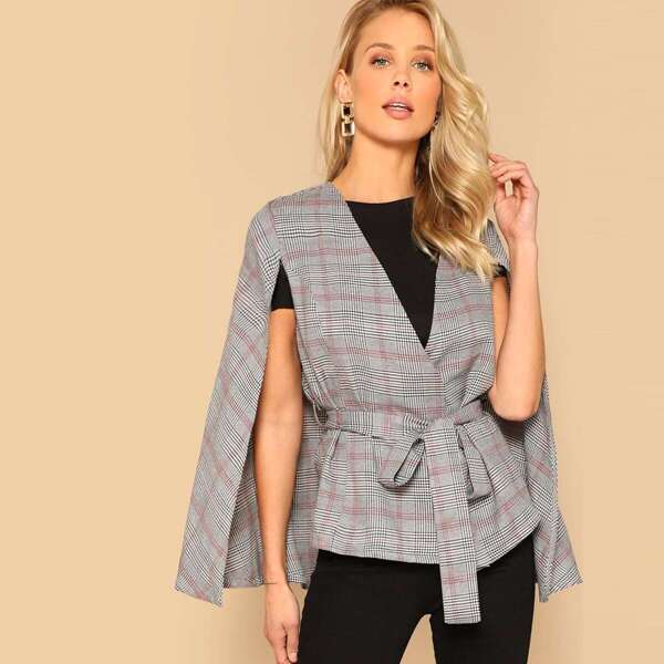 

Waist Belted Plaid Cape Coat