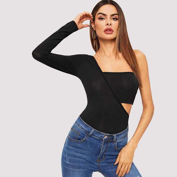 

One Shoulder Cut Out Fitted Tee, Black
