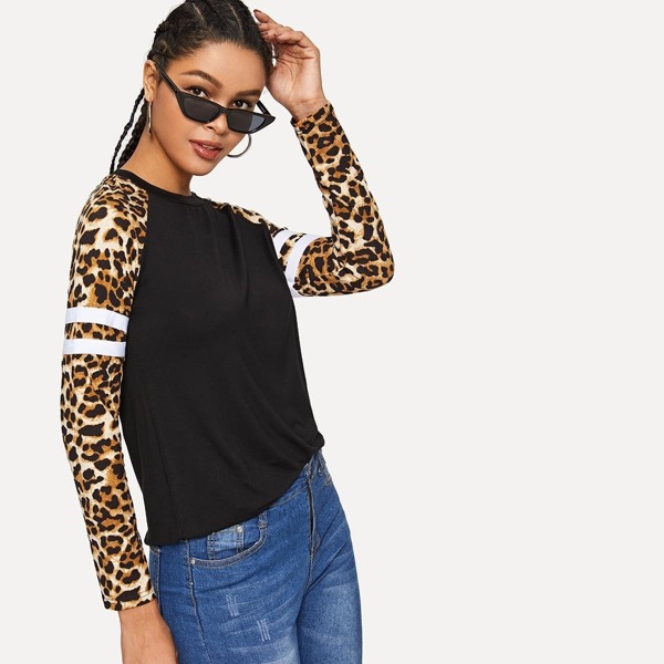 

Striped Leopard Raglan Sleeve Top