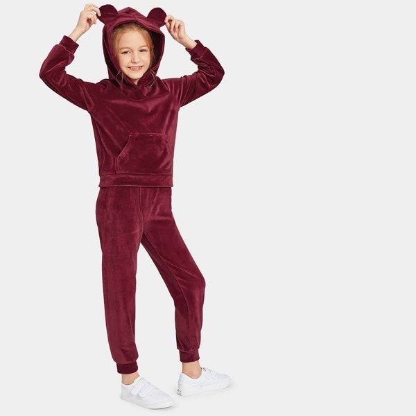 

Girls Velvet Hoodie With Ears & Pants Set