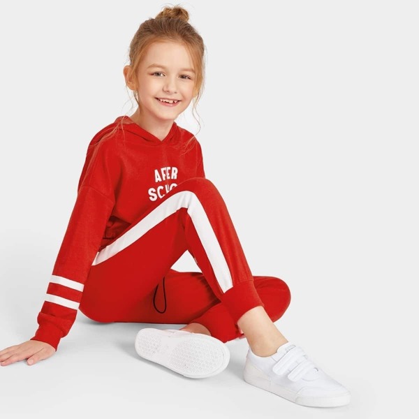 

Girls Striped Sleeve Letter Print Hoodie & Pants Tracksuit, Red