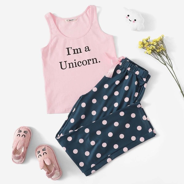 

Girls Letter Print Tank Top & Polka Dot Pants PJ Set, Multicolor