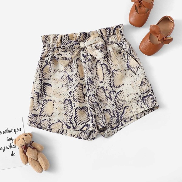 

Girls Paperbag Waist Snake Print Shorts, Multicolor