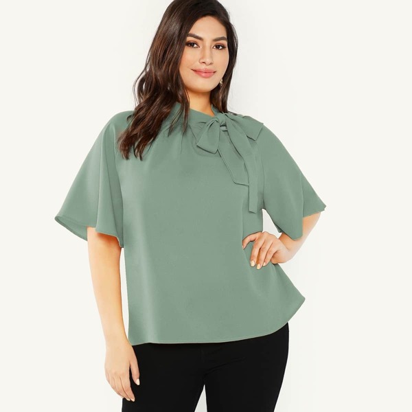 

Plus Flutter Sleeve Tied Neck Top