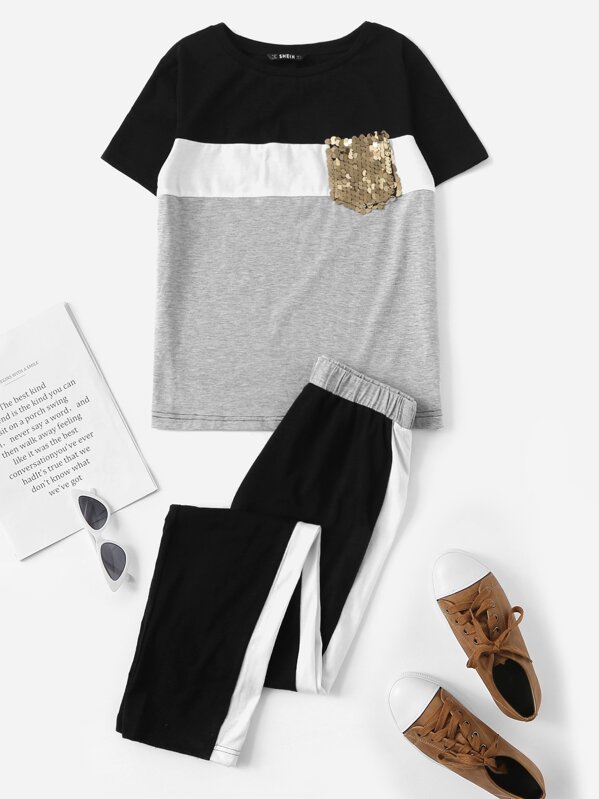 

Sequin Pocket Color Block Tee & Pants Set, Grey