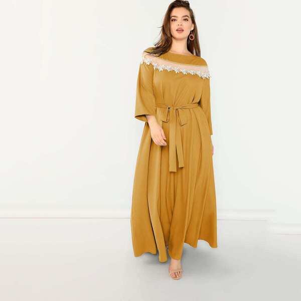 

Plus Lace Applique Mesh Panel Belted Dress, Yellow