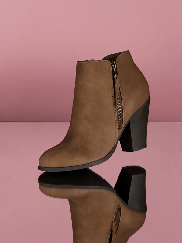 

Side Zipper Distressed Stacked Heel Ankle Booties, Brown