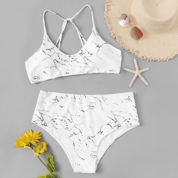 

Plus Marble Print Top With High Waist Bikini, White
