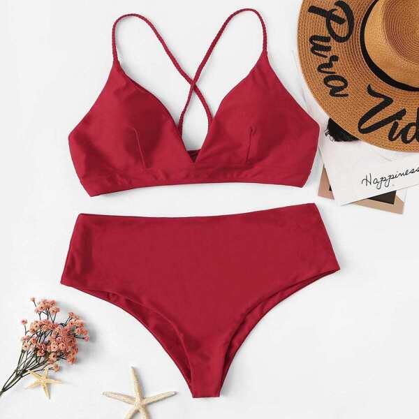 

Plus Criss Cross Top With High Waist Bikini, Red