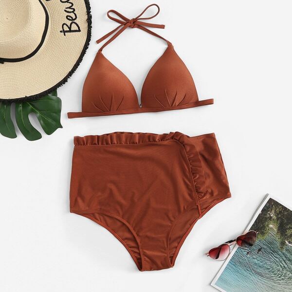 

Plus Halter Top With Frill Trim High Waist Bikini