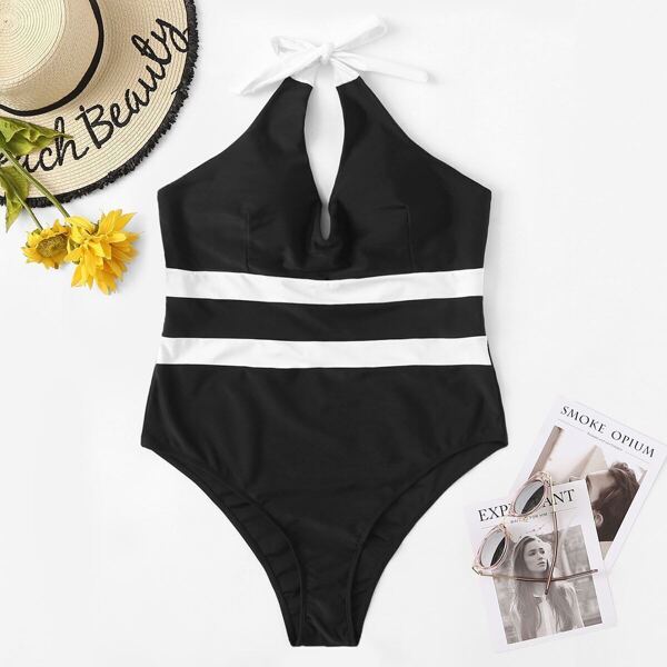 

Plus Two Tone Color Halter One Piece Swimsuit