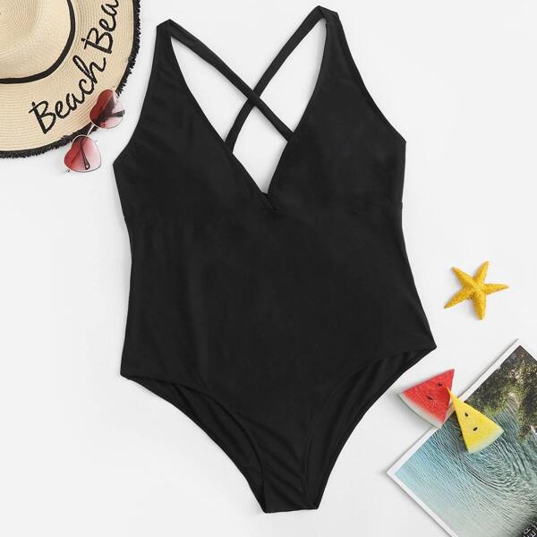 

Plus Criss Cross Low Back One Piece Swimsuit, Black
