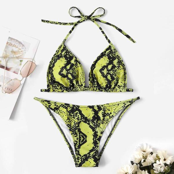 

Snake Print Halter Top With Low Rise Bikini, Green