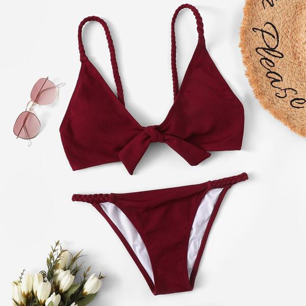 

Ribbed Tie Front Top With Low Rise Bikini, Burgundy