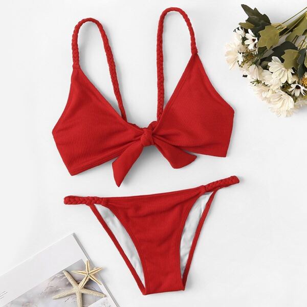 

Ribbed Tie Front Top With Low Rise Bikini