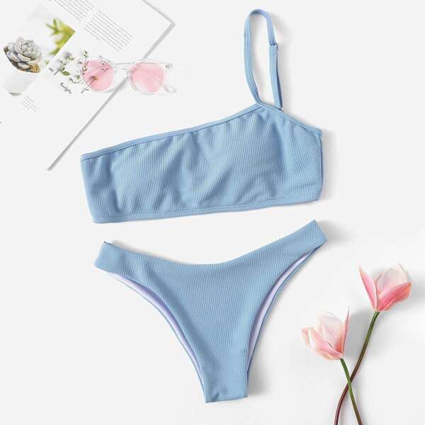 

Ribbed One Shoulder Top With Low Rise Bikini