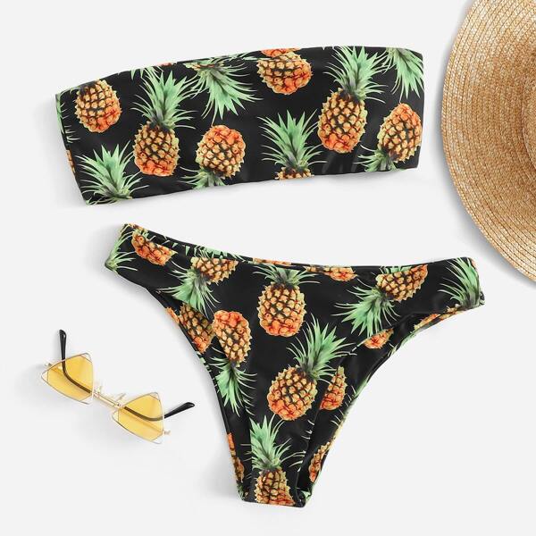 

Random Pineapple Print Bandeau Bikini Set, Multicolor